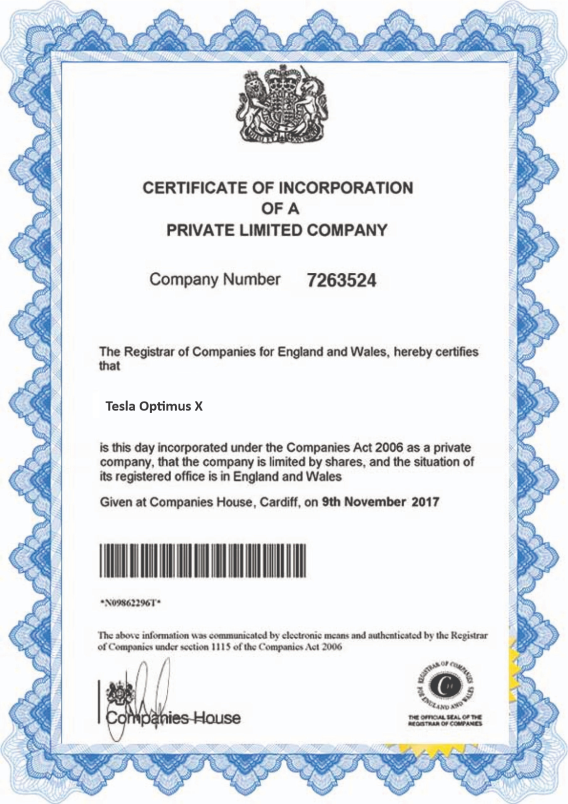 Tesla Uptimus X Certificate 1