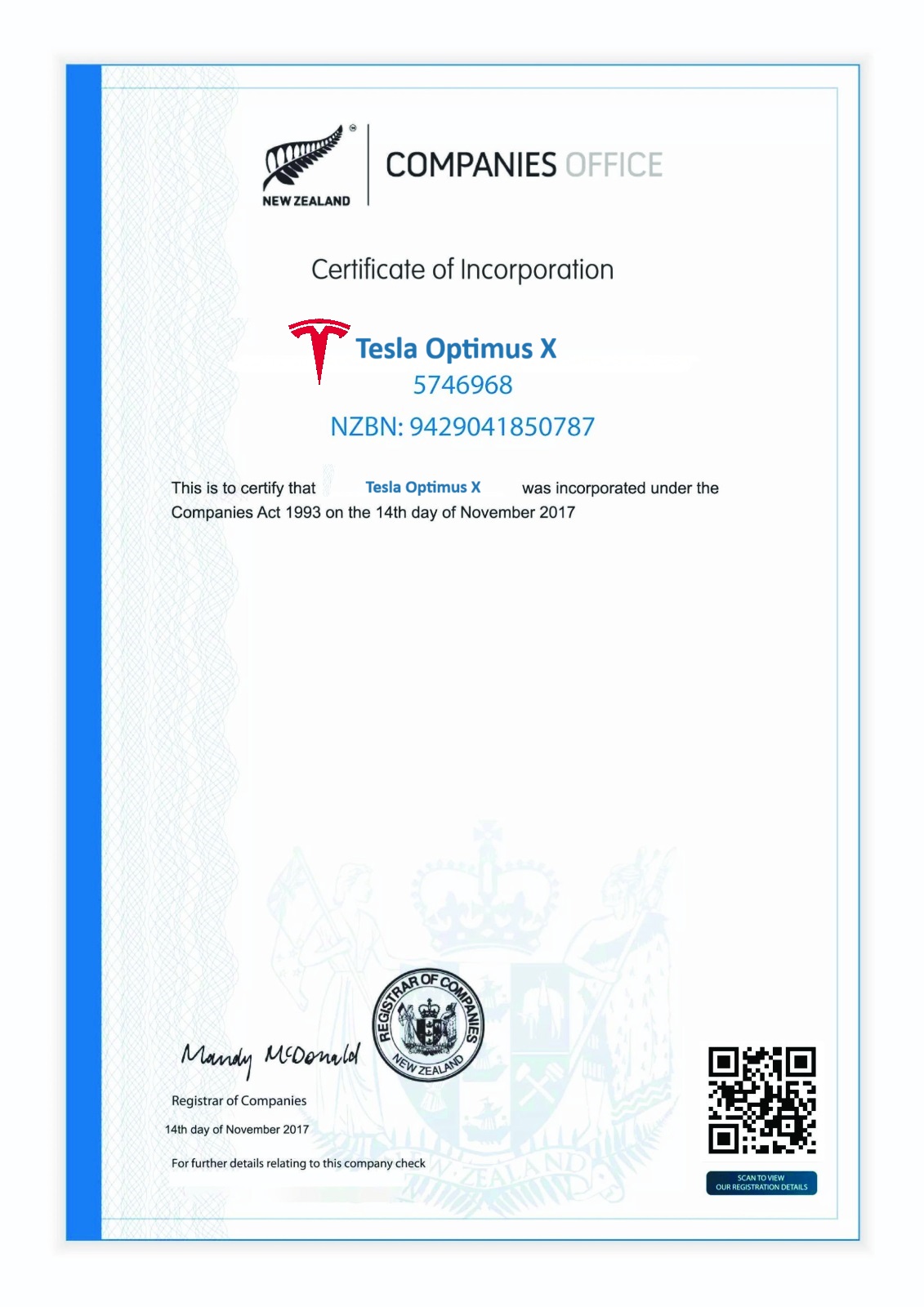 Tesla Uptimus X Certificate 2